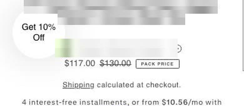 Apparel product page: $117.00 pack price, then 'Shipping calculated at checkout.', no rating