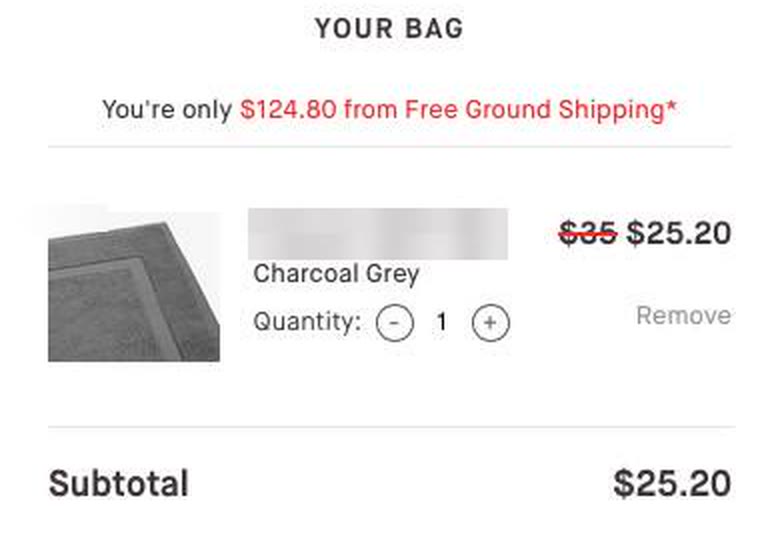 Home goods cart: 'You're only $124.80 from Free Ground Shipping' in red text, then the item and subtotal