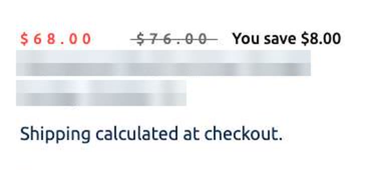 Skincare product page: $68.00, then 'Shipping calculated at checkout.'