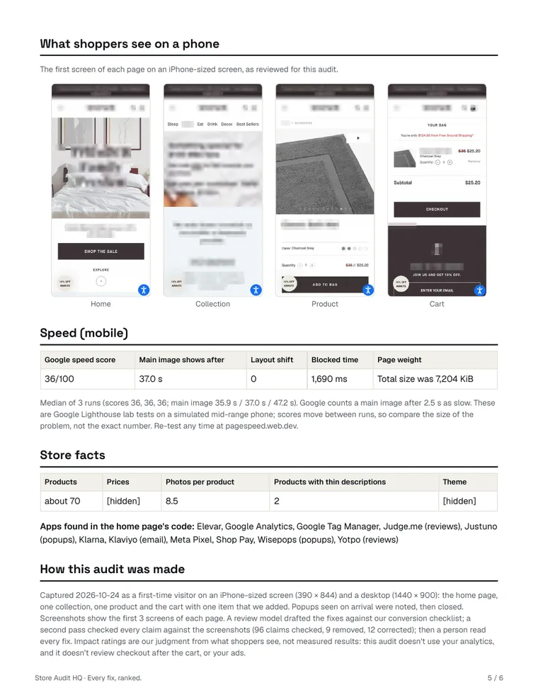 Sample audit: the four pages as a phone shows them, and the speed test